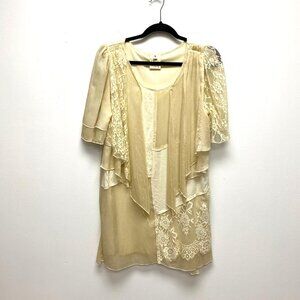 Pretty Angel Yellow Beige Lace Ruffle Short Sleeve Slit Silk Blend Tunic Top